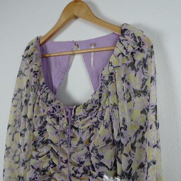 Free People Mabel Printed Blouse Top Women's XS Purple Yellow Open Back - Picture 6 of 16